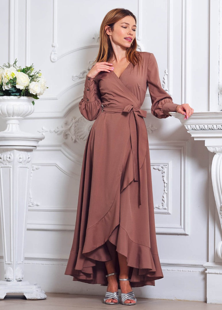 Brown long wrap dress