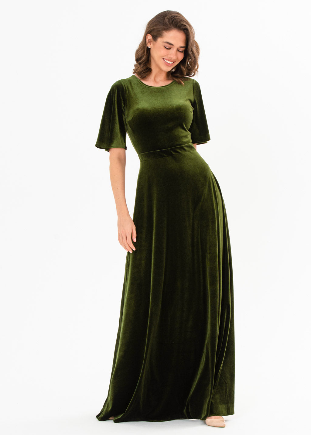 Olive green velvet long dress