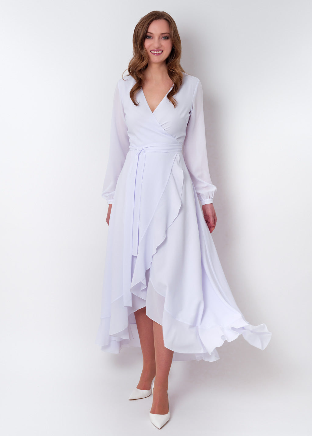 White chiffon wrap dress