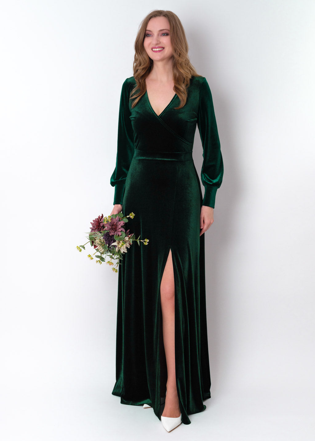 Emerald green velvet long wrap slit dress