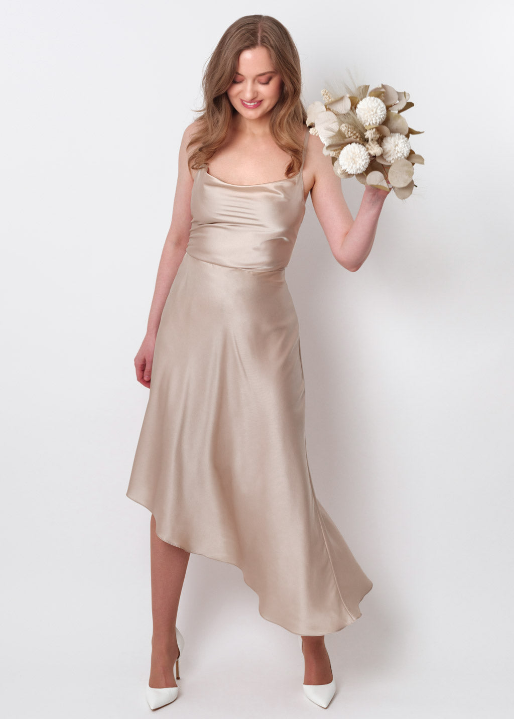 Champagne beige silk asymmetric dress
