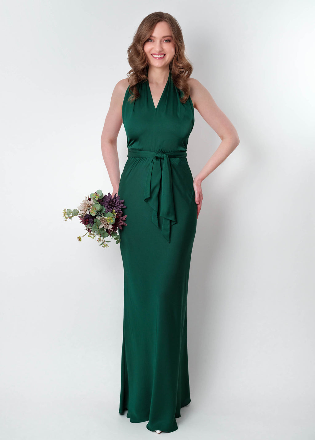 Dark green silk long halter dress