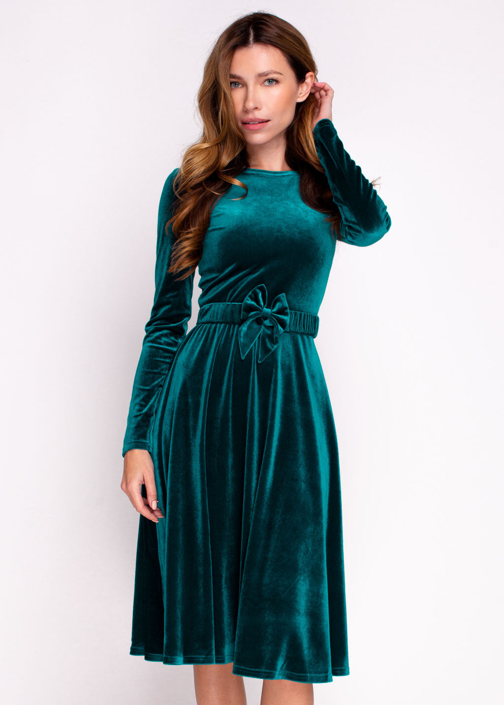 Teal green velvet dress with belt