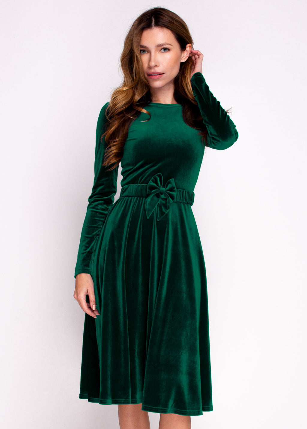 Emerald green velvet dress with belt