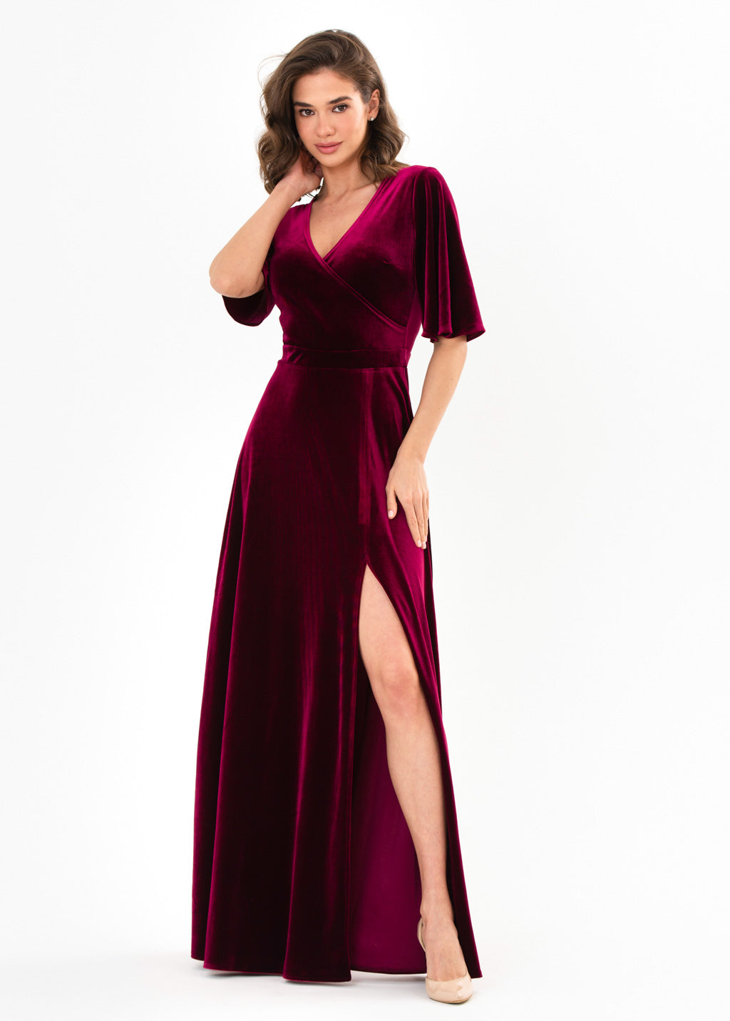 Plum burgundy velvet wrap slit dress