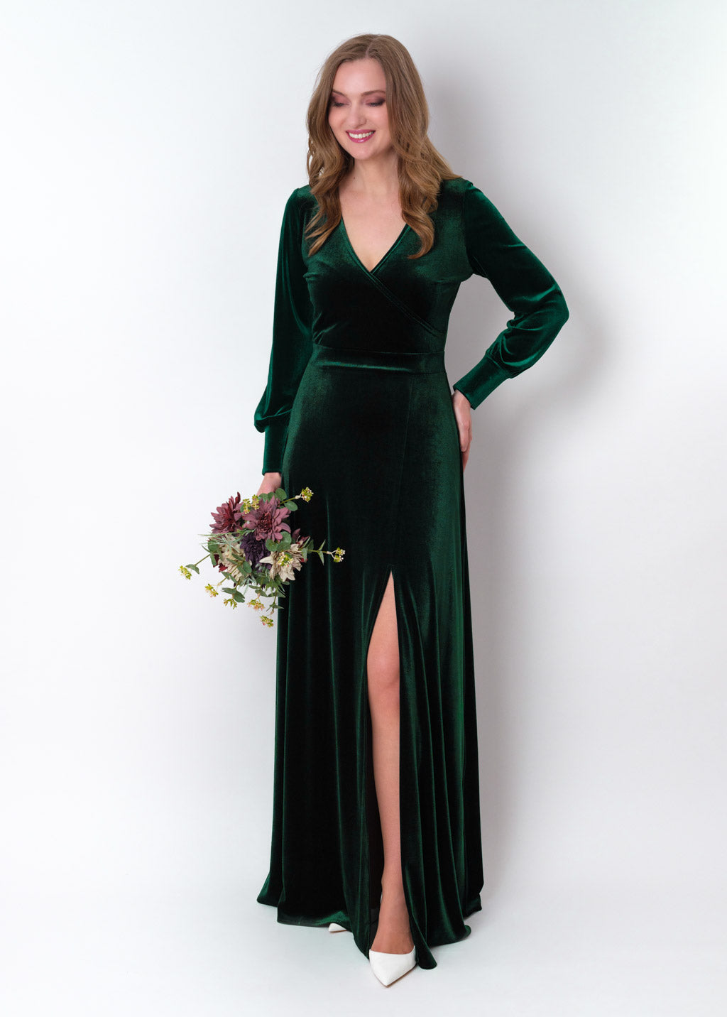 Emerald green velvet long wrap slit dress