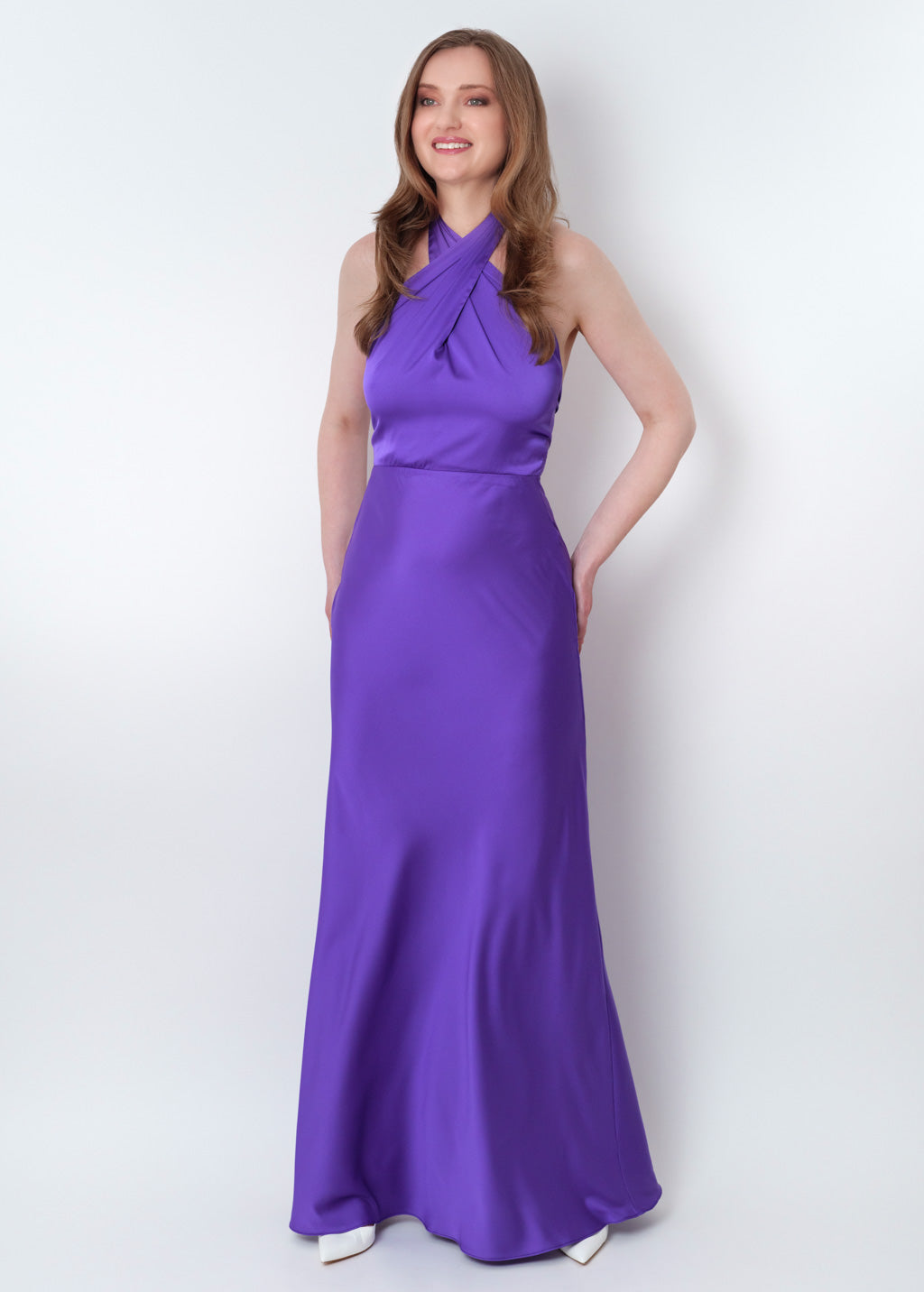 Purple silk long halter dress