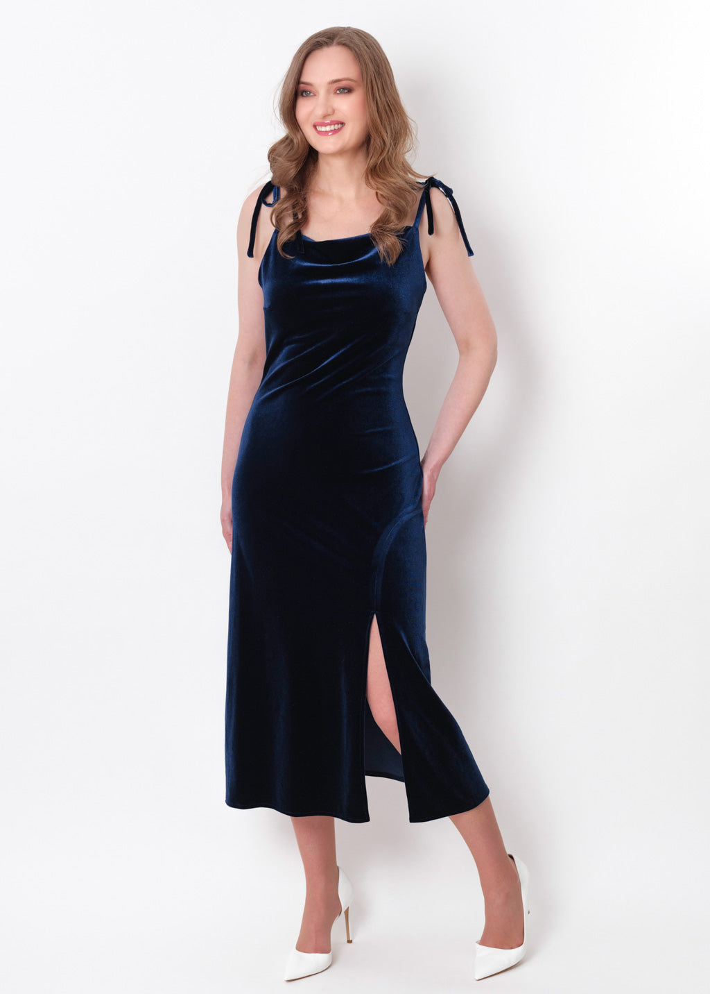 Navy blue slip slit velvet bodycon dress