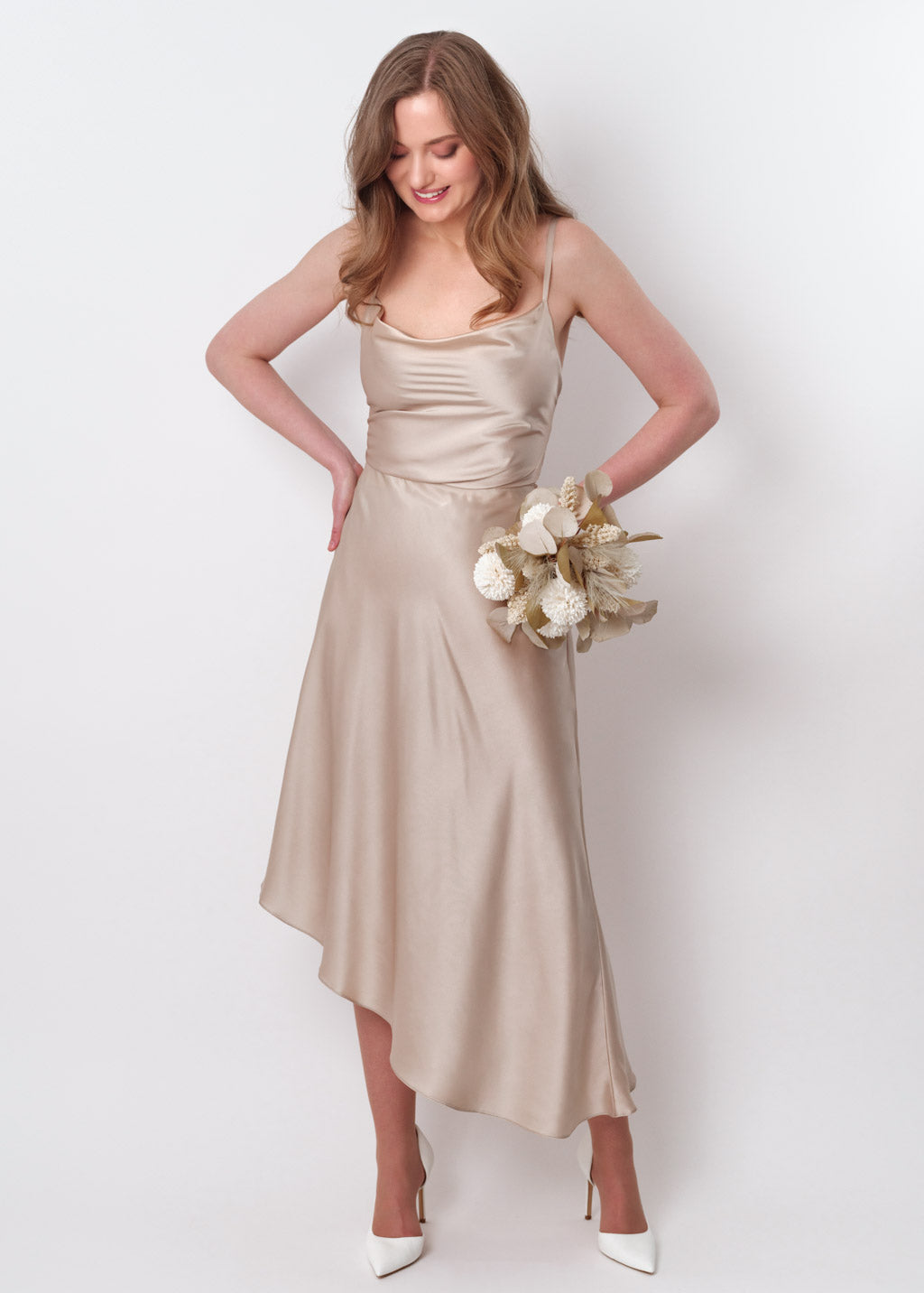 Champagne beige silk asymmetric dress