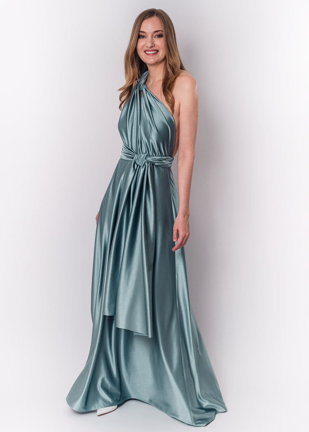 Dusty blue luxury satin infinity dress or jumpsuit