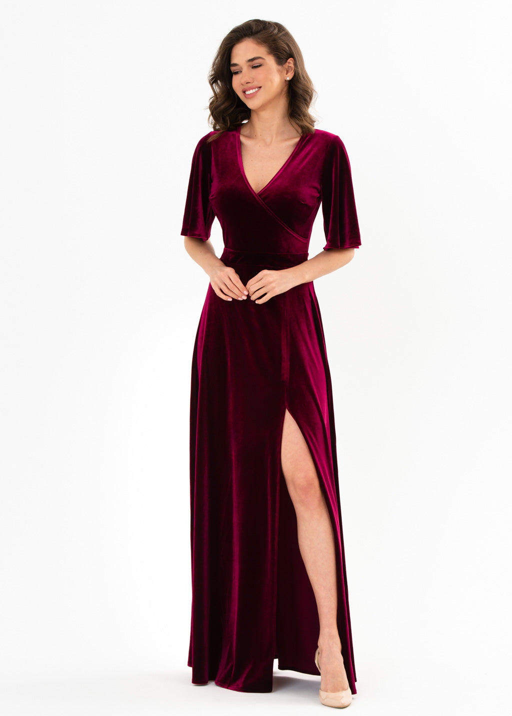 Plum burgundy velvet wrap slit dress