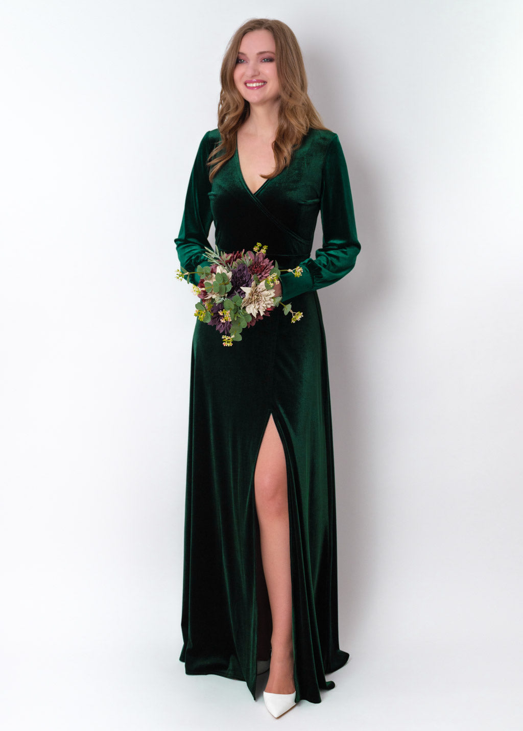 Emerald green velvet long wrap slit dress