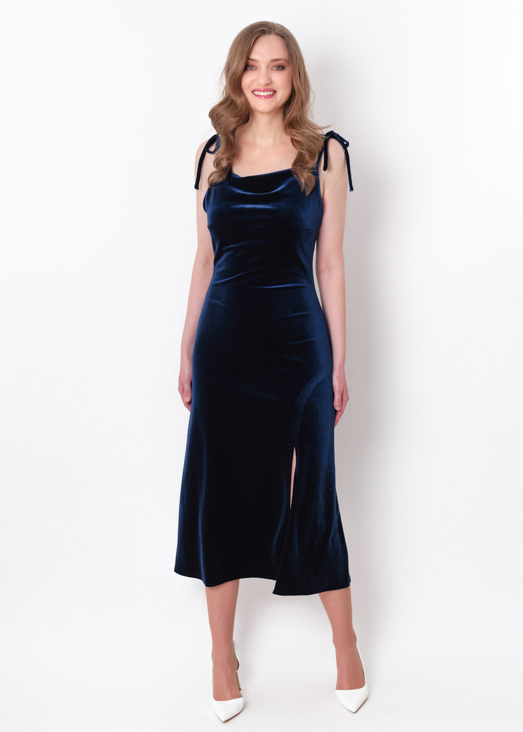 Navy blue slip slit velvet bodycon dress