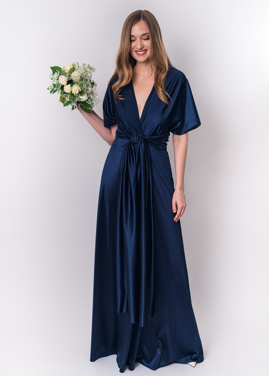Navy blue luxury satin infinity dress or jumpsuit