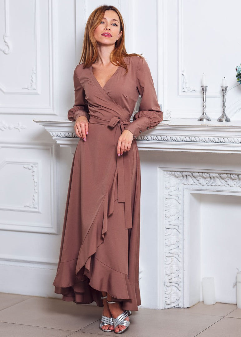 Brown long wrap dress