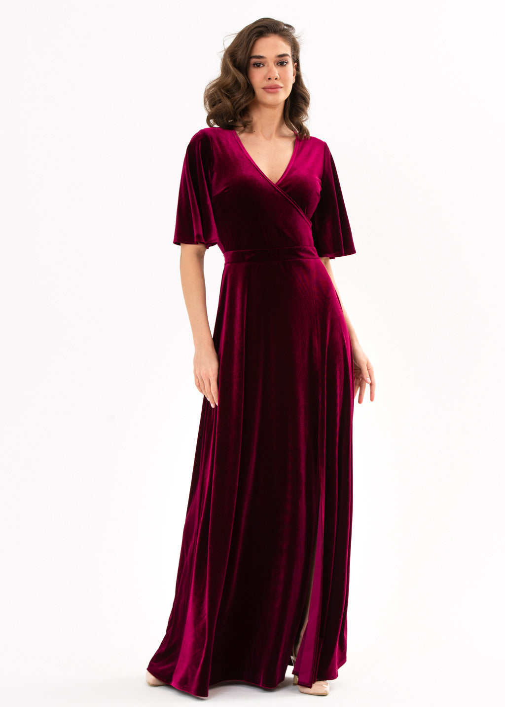 Plum burgundy velvet wrap slit dress
