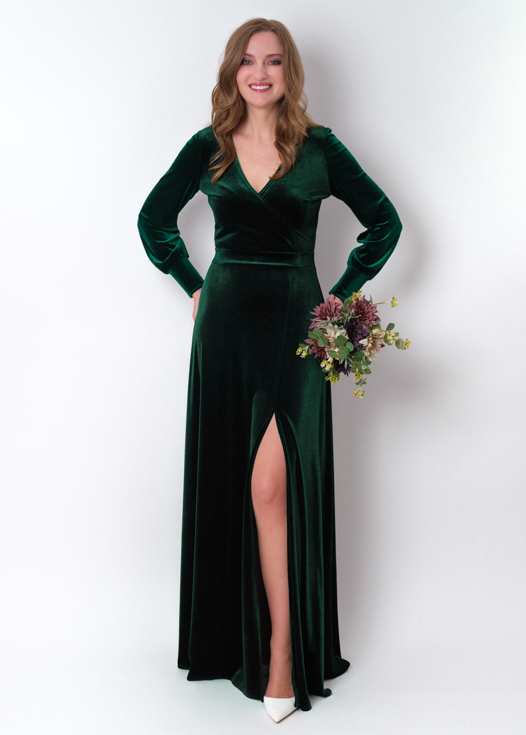 Emerald green velvet long wrap slit dress