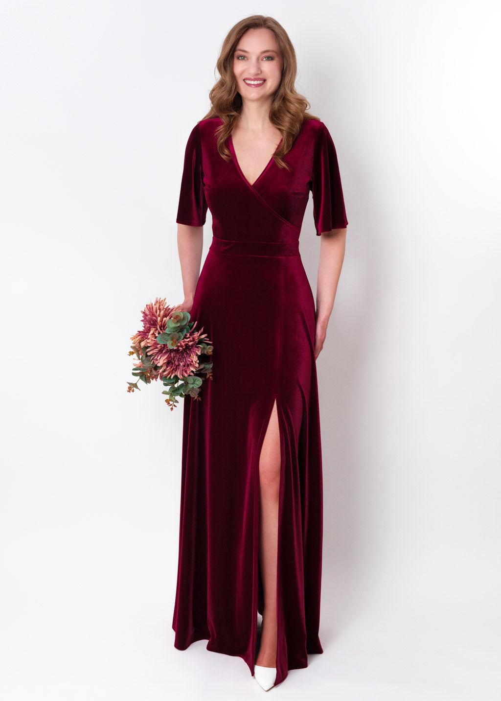 Burgundy velvet wrap slit dress