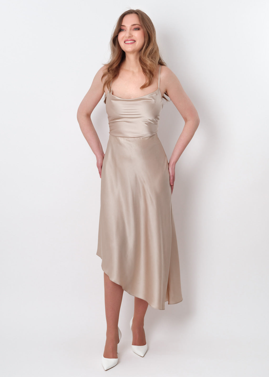 Champagne beige silk asymmetric dress