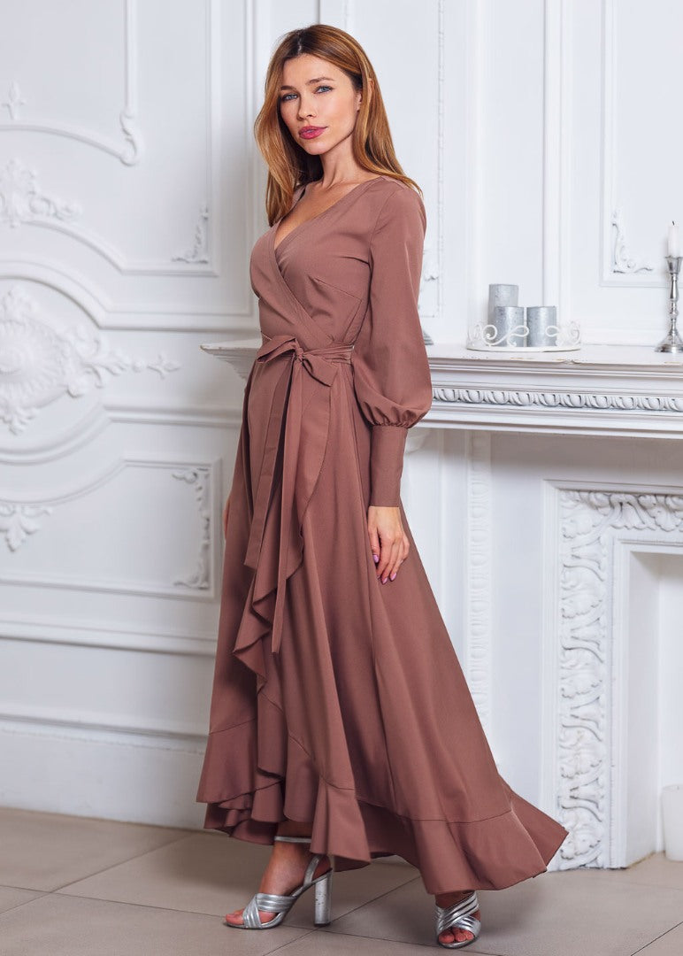 Brown long wrap dress