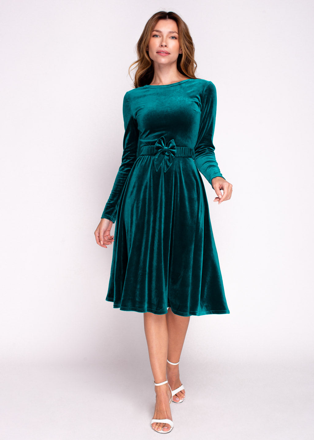 Teal green velvet dress with belt