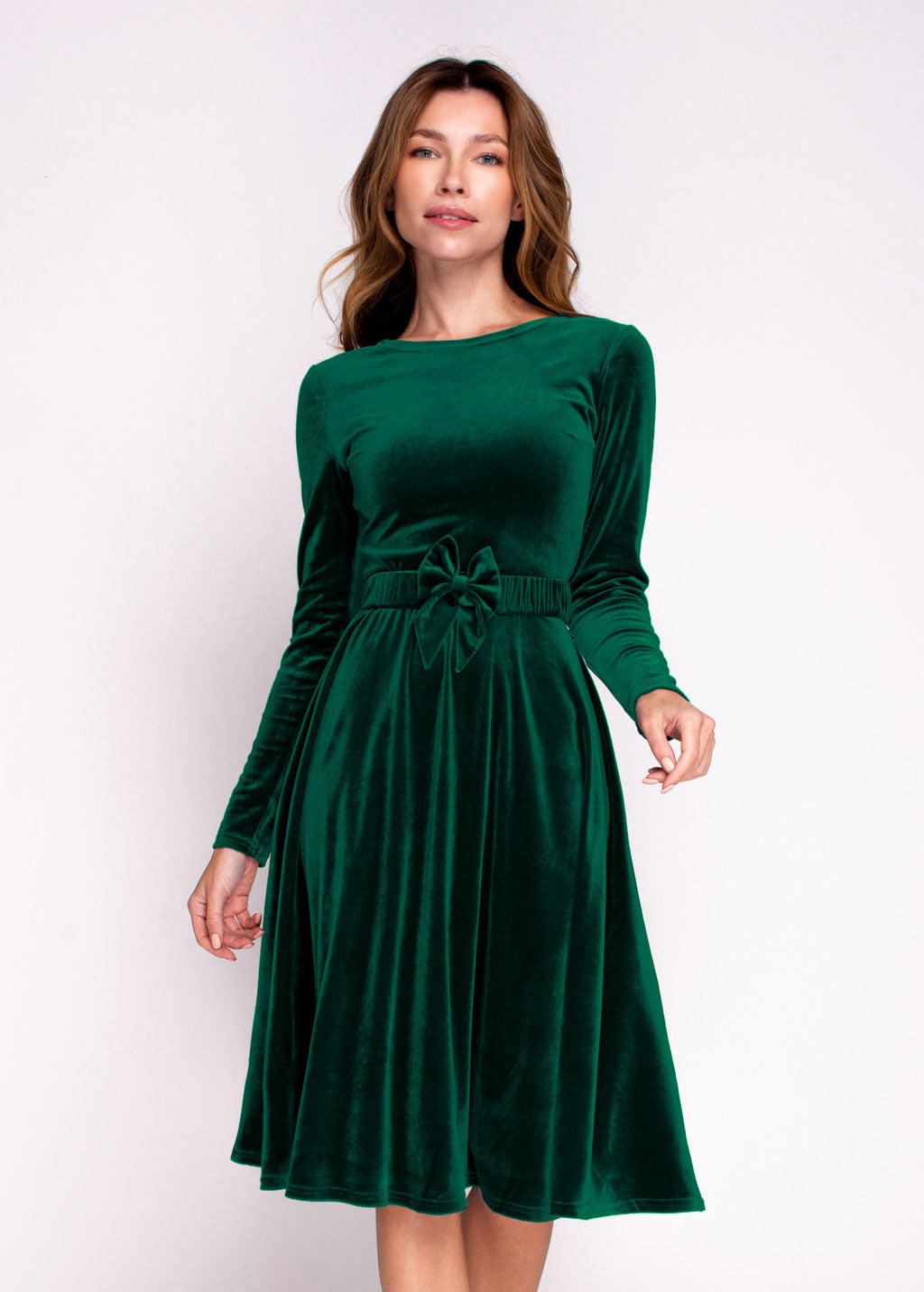 Emerald green velvet dress with belt