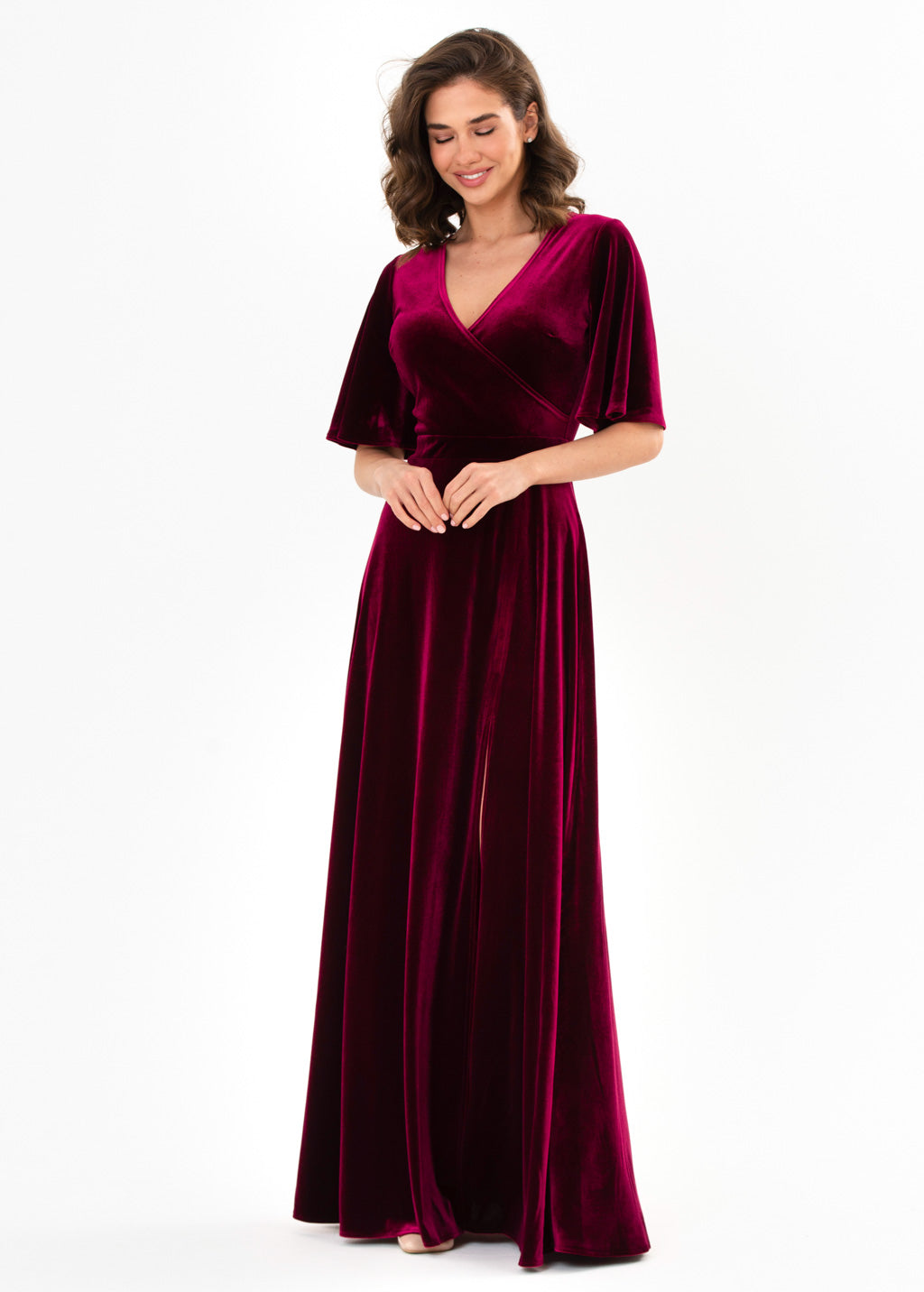 Plum burgundy velvet wrap slit dress