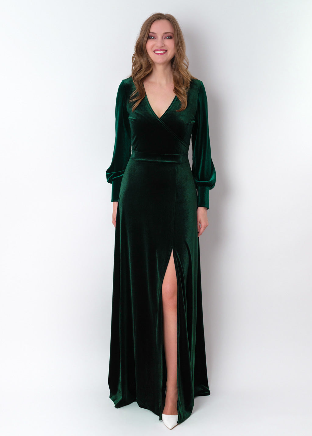 Emerald green velvet long wrap slit dress