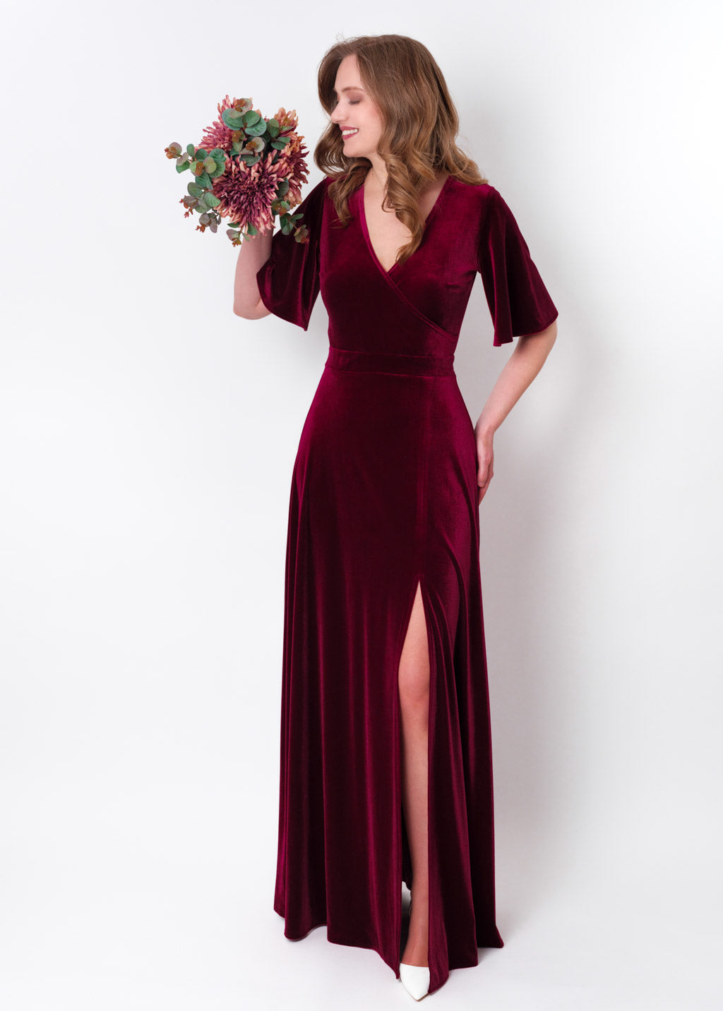 Burgundy velvet wrap slit dress