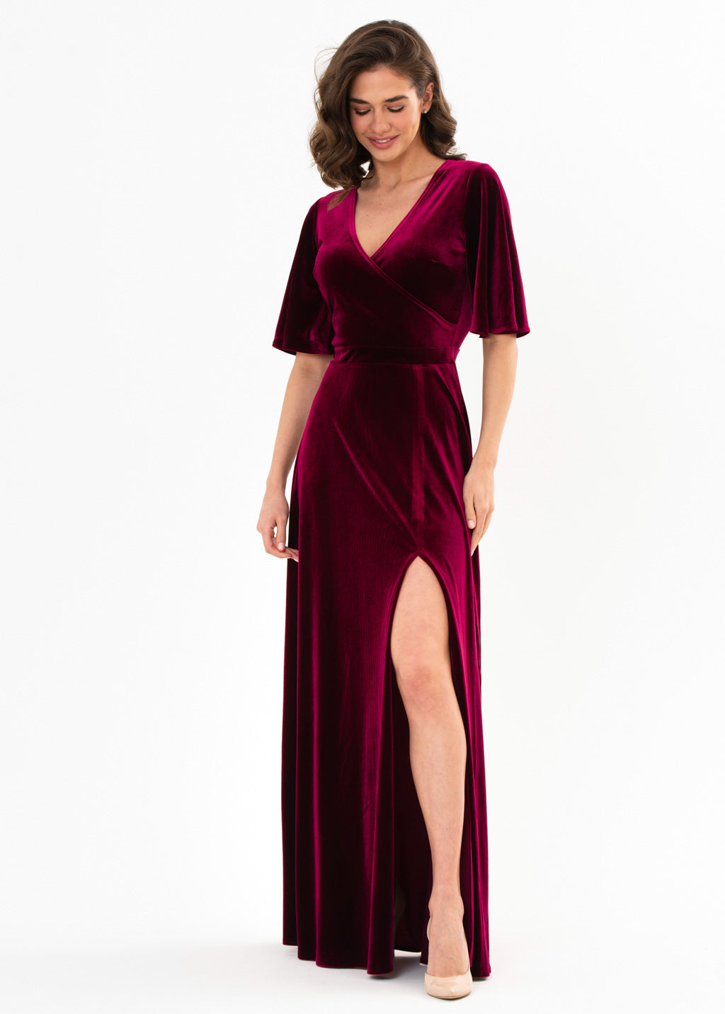 Plum burgundy velvet wrap slit dress