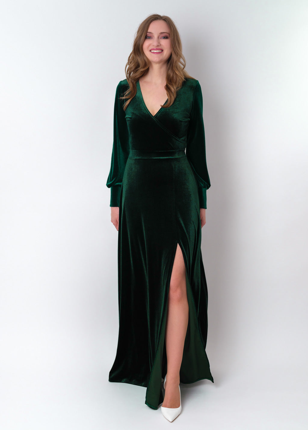 Emerald green velvet long wrap slit dress