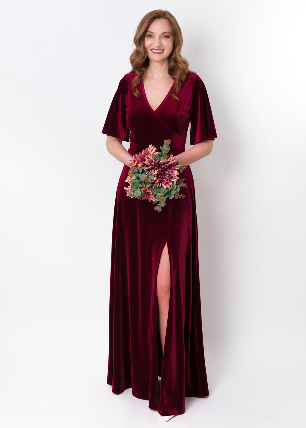 Burgundy velvet wrap slit dress