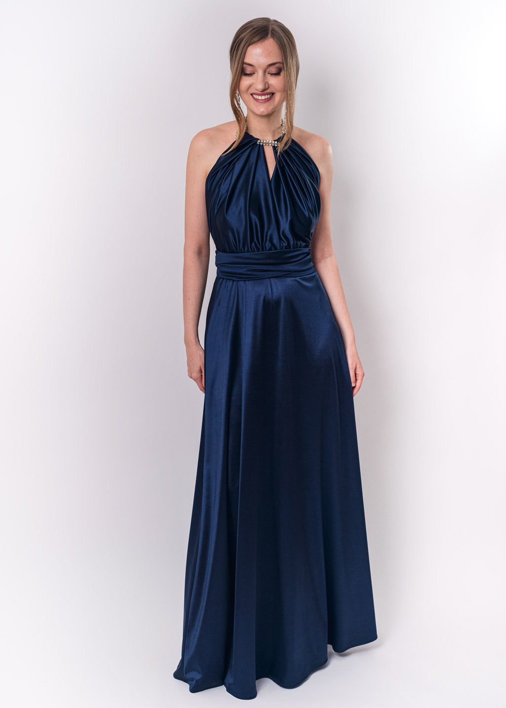 Navy blue luxury satin infinity dress or jumpsuit