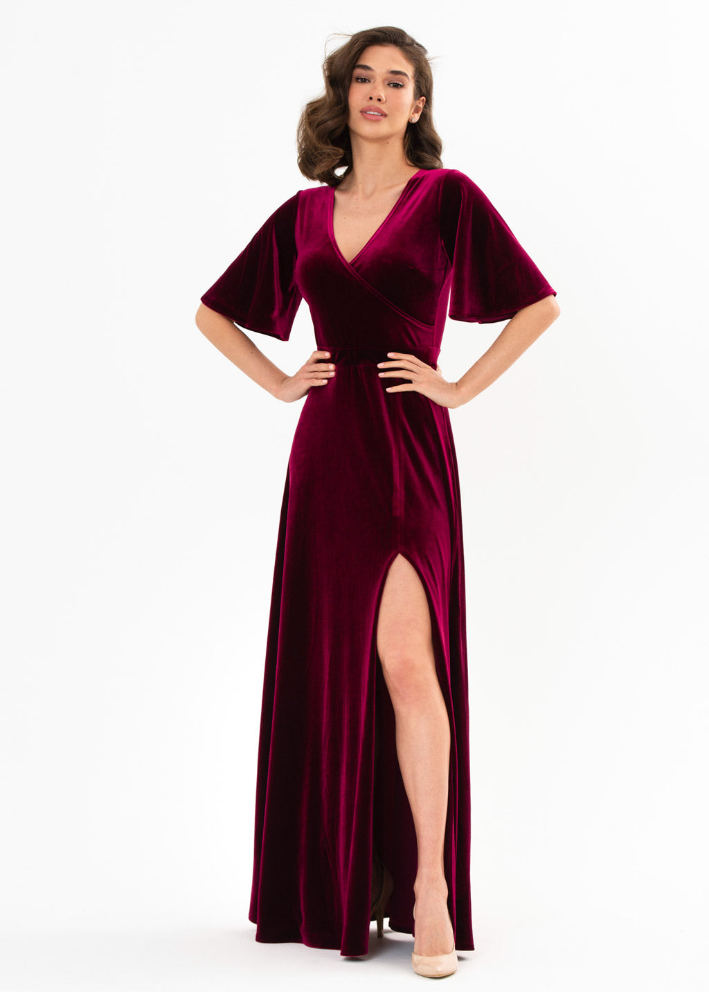 Plum burgundy velvet wrap slit dress