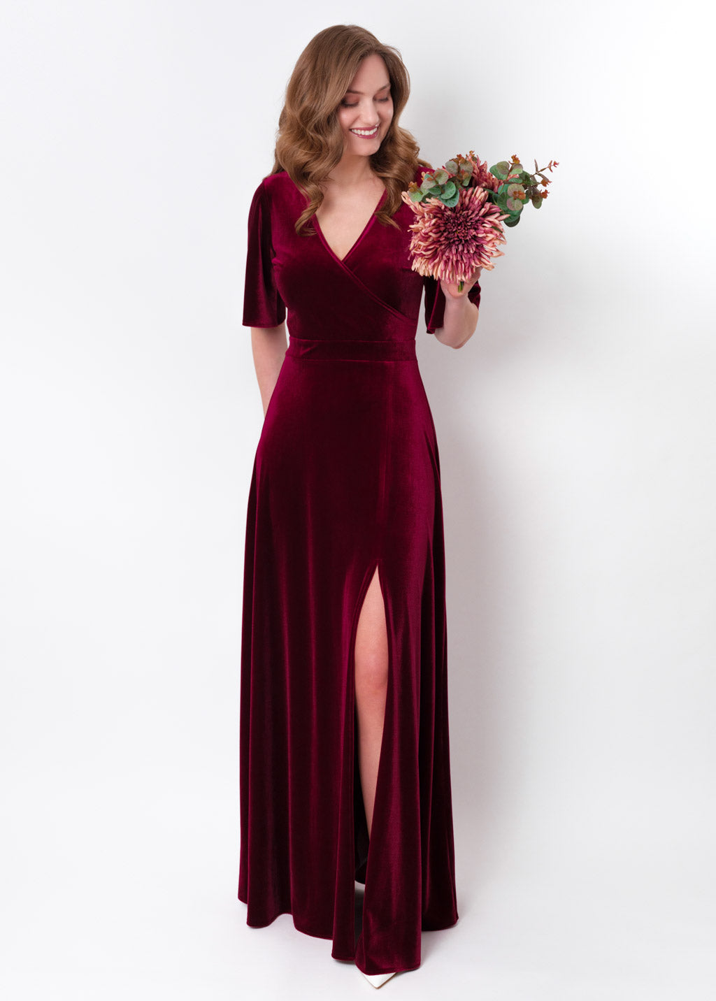 Burgundy velvet wrap slit dress