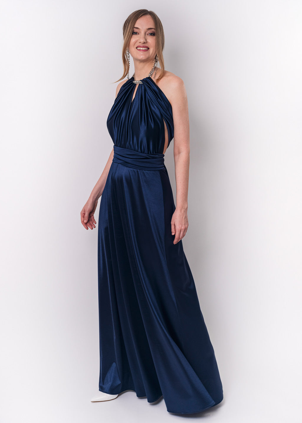 Navy blue luxury satin infinity dress or jumpsuit