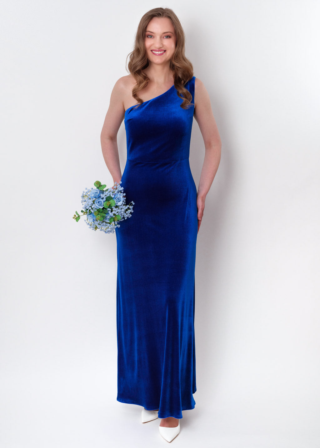 Royal blue velvet one shoulder dress