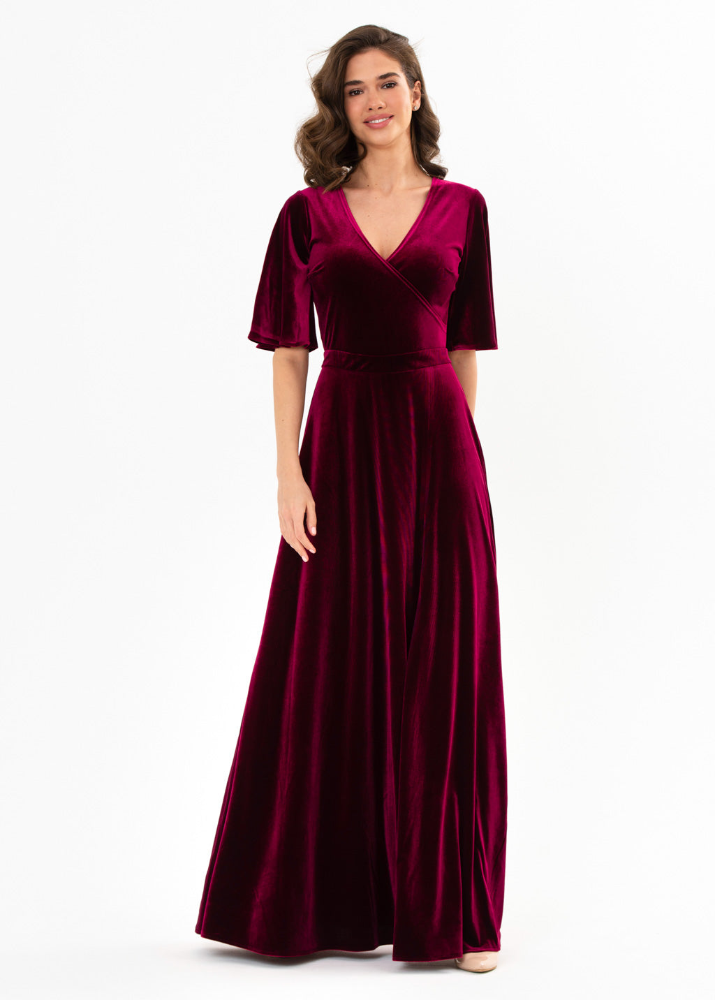 Plum burgundy velvet wrap slit dress