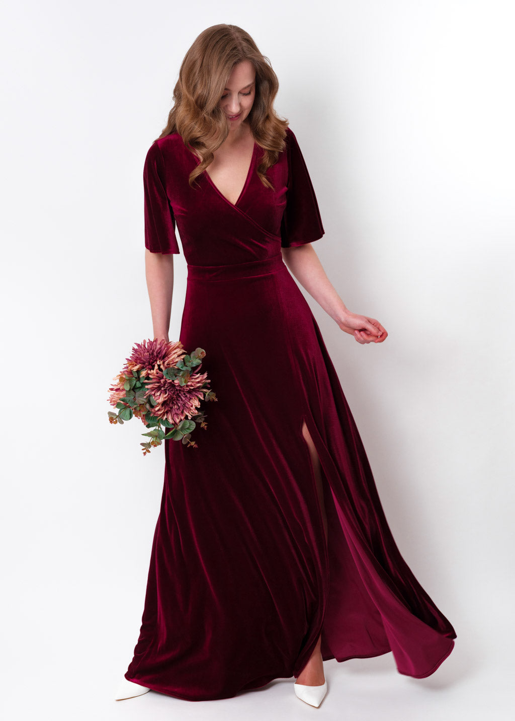 Burgundy velvet wrap slit dress