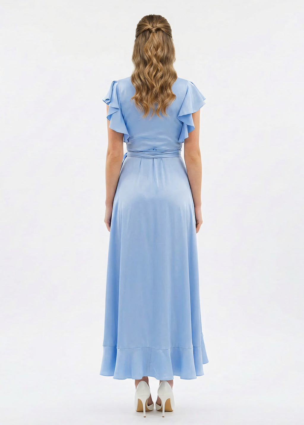 Sky blue wrap silk ruffle dress