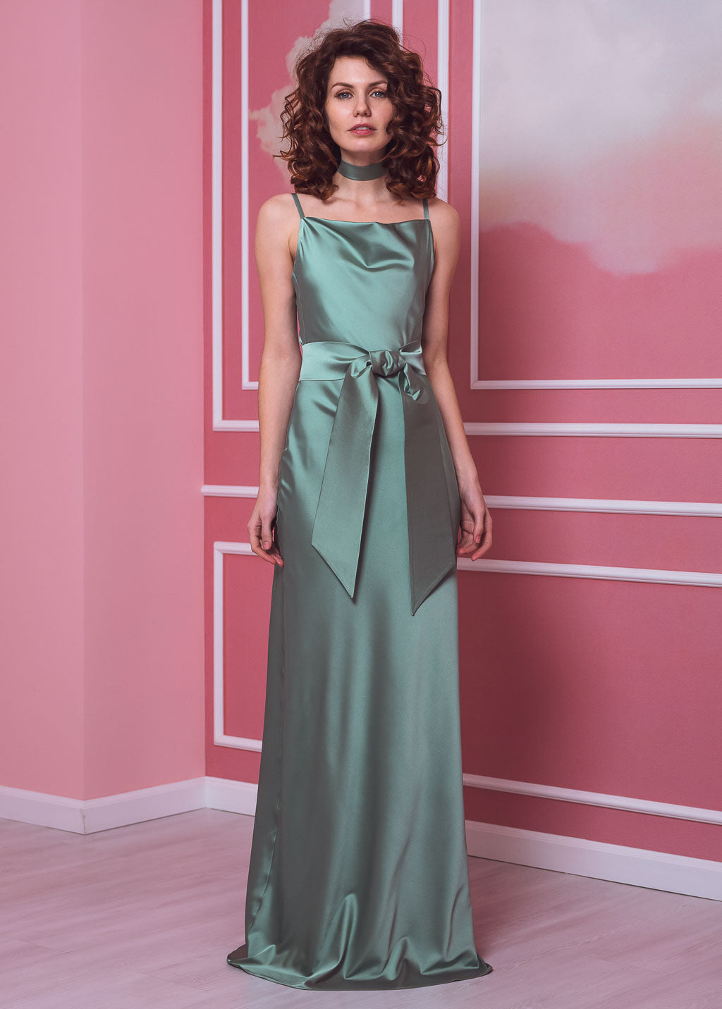 Sage green long slip silk dress