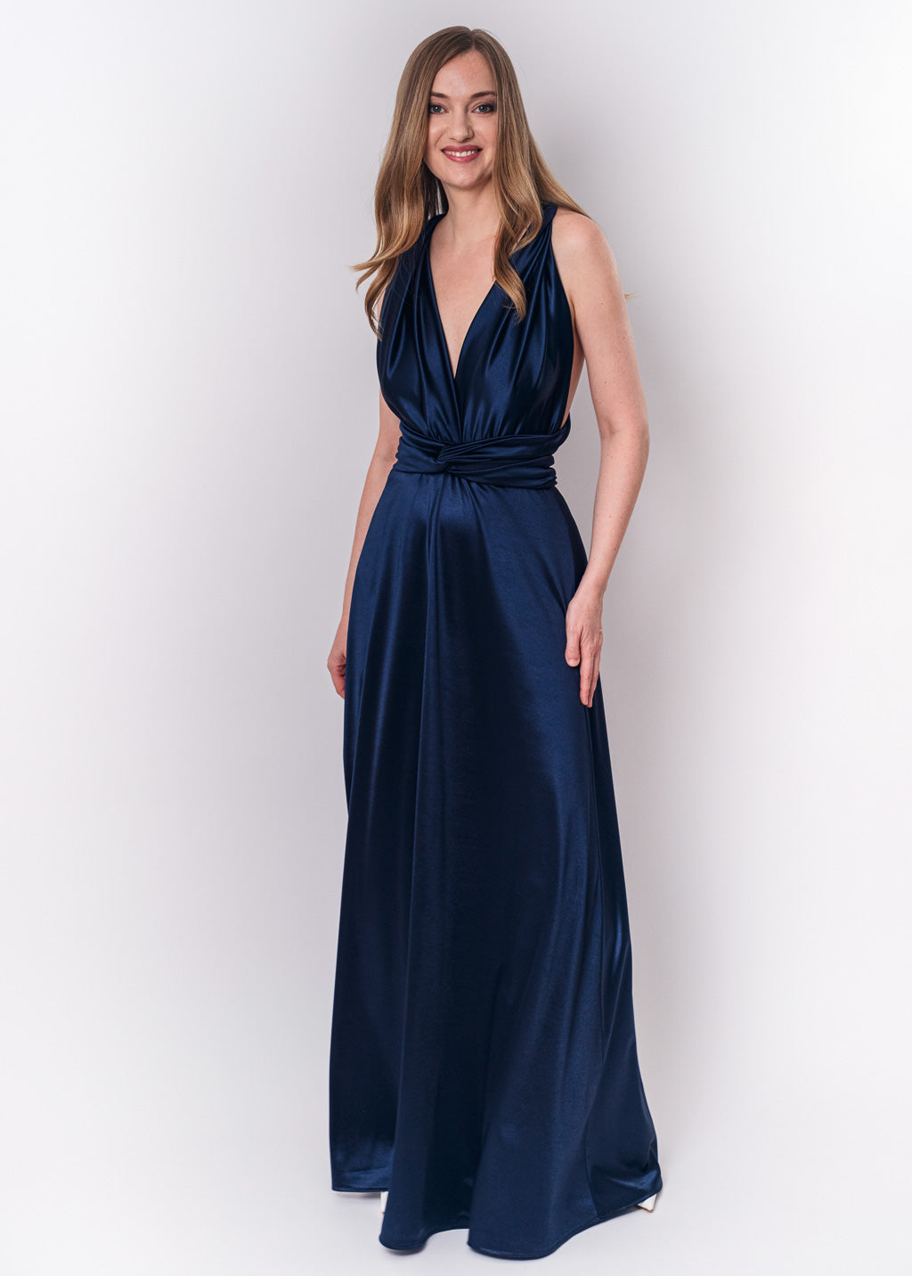 Navy blue luxury satin infinity dress or jumpsuit