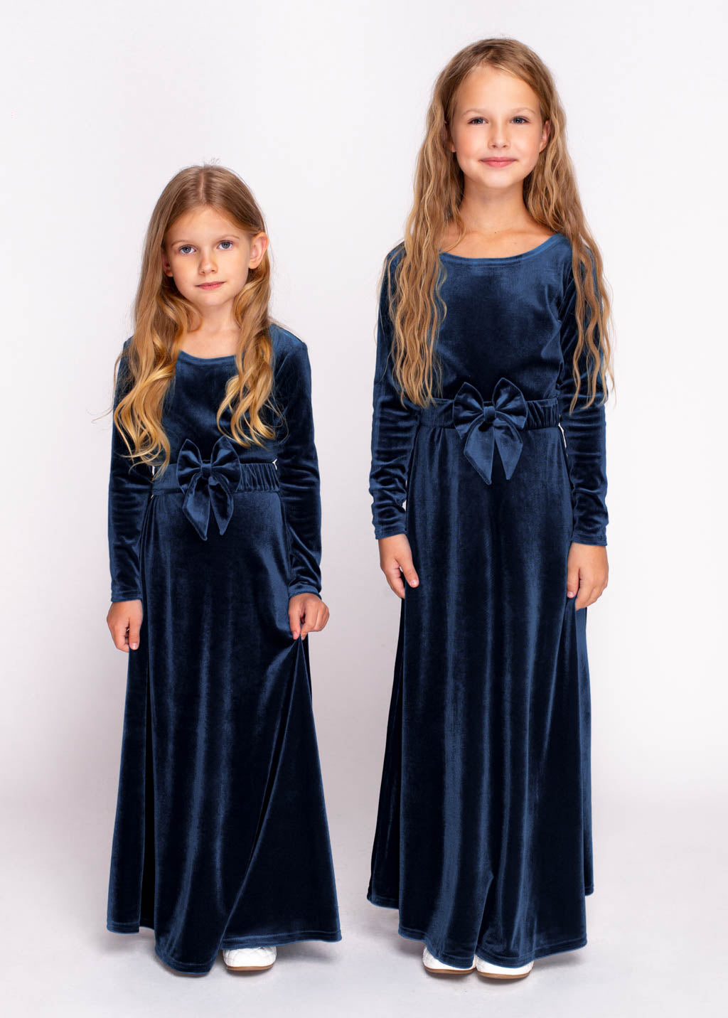 Navy blue velvet long girl dress