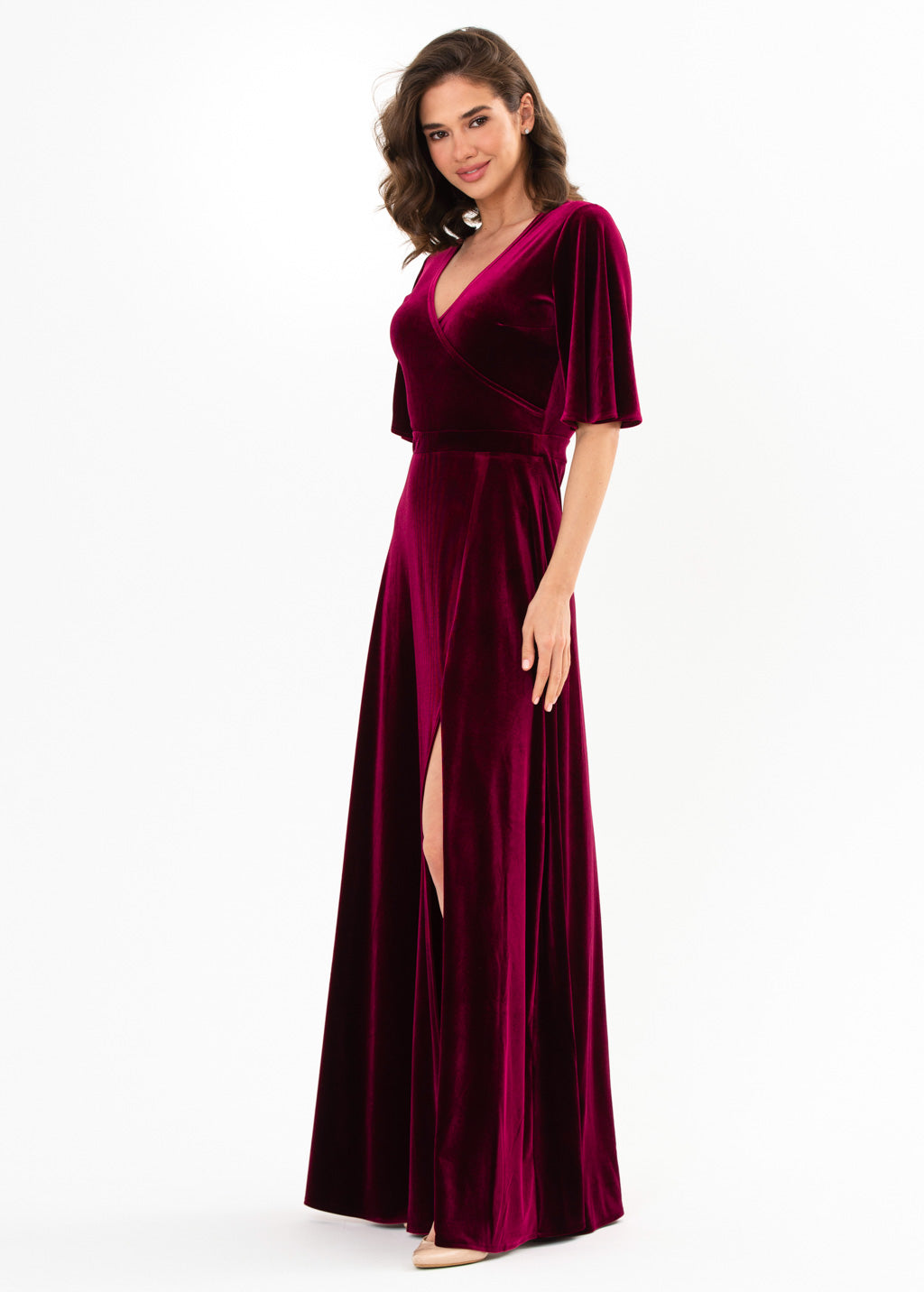 Plum burgundy velvet wrap slit dress
