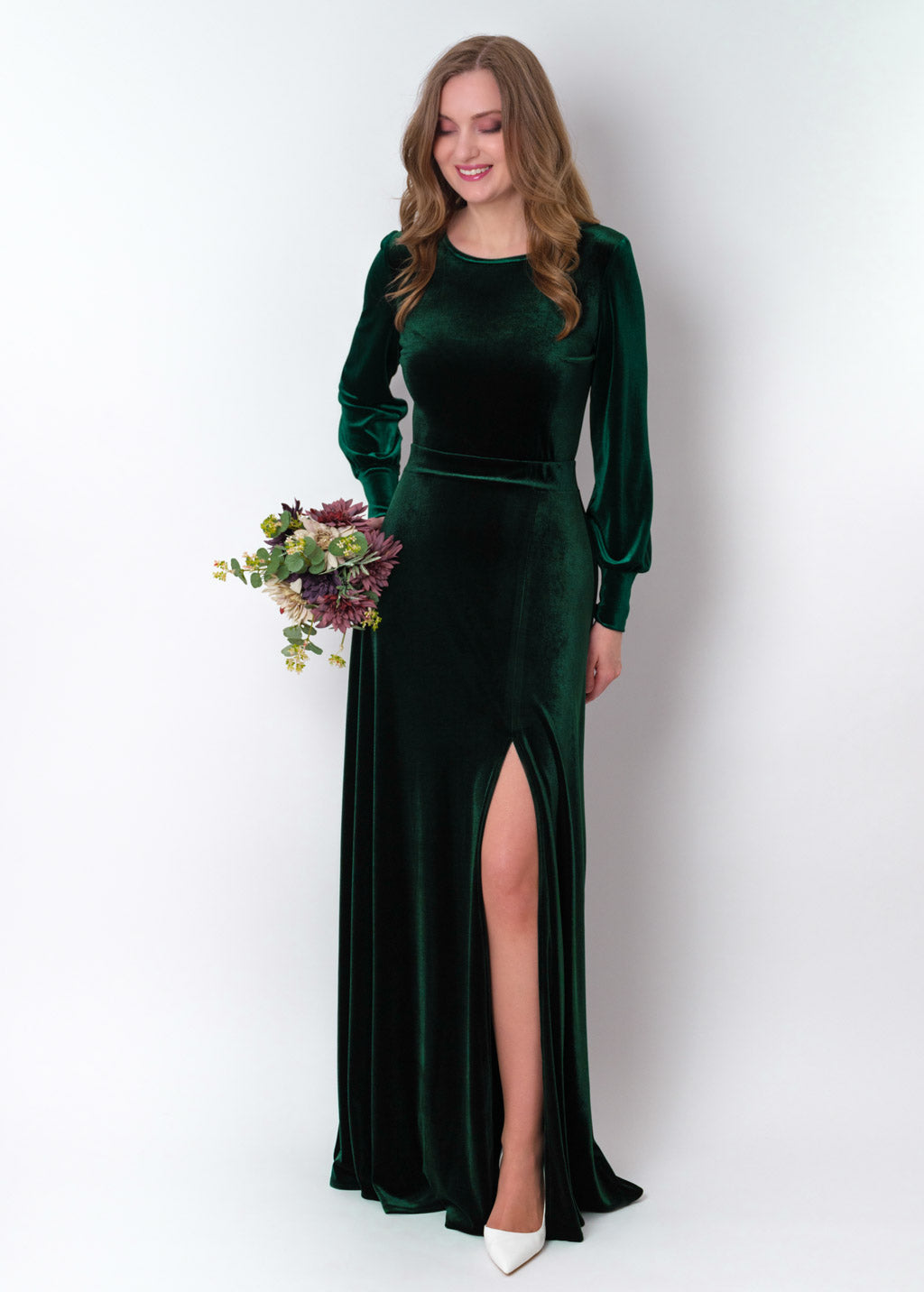 Emerald green velvet long slit dress