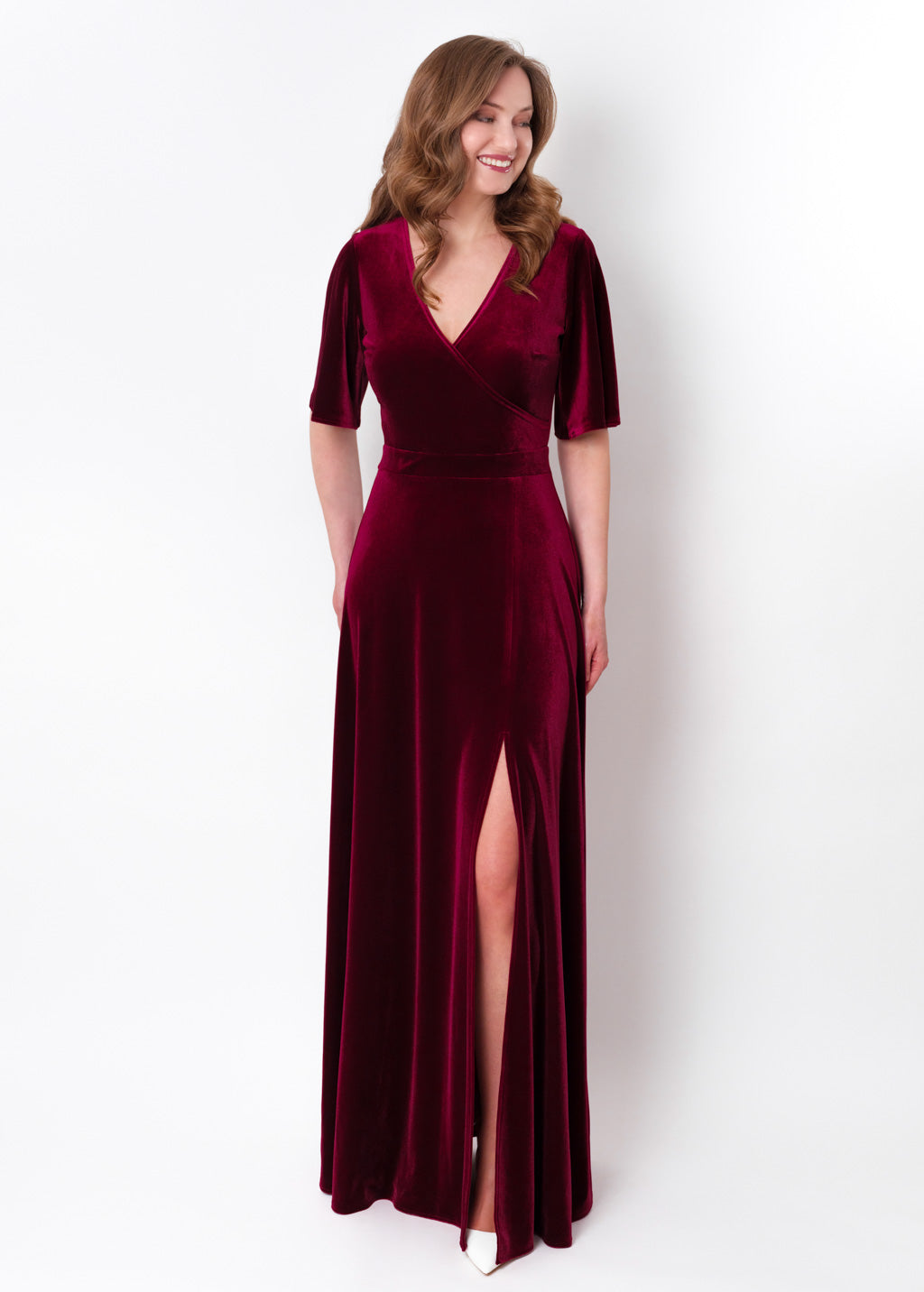 Burgundy velvet wrap slit dress