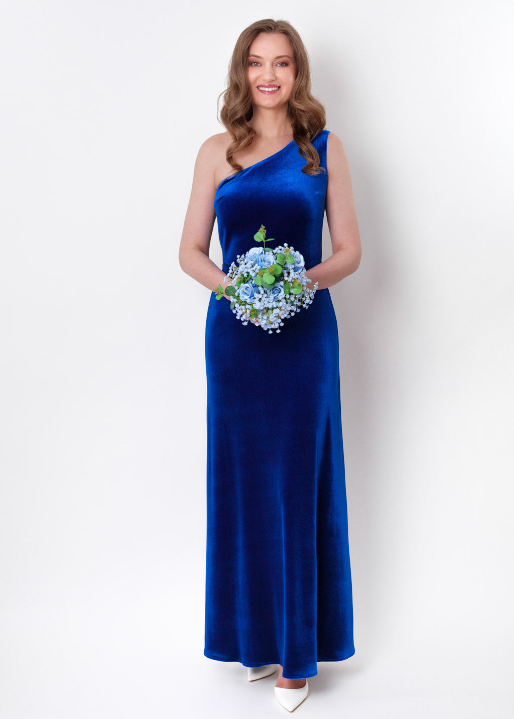 Royal blue velvet one shoulder dress