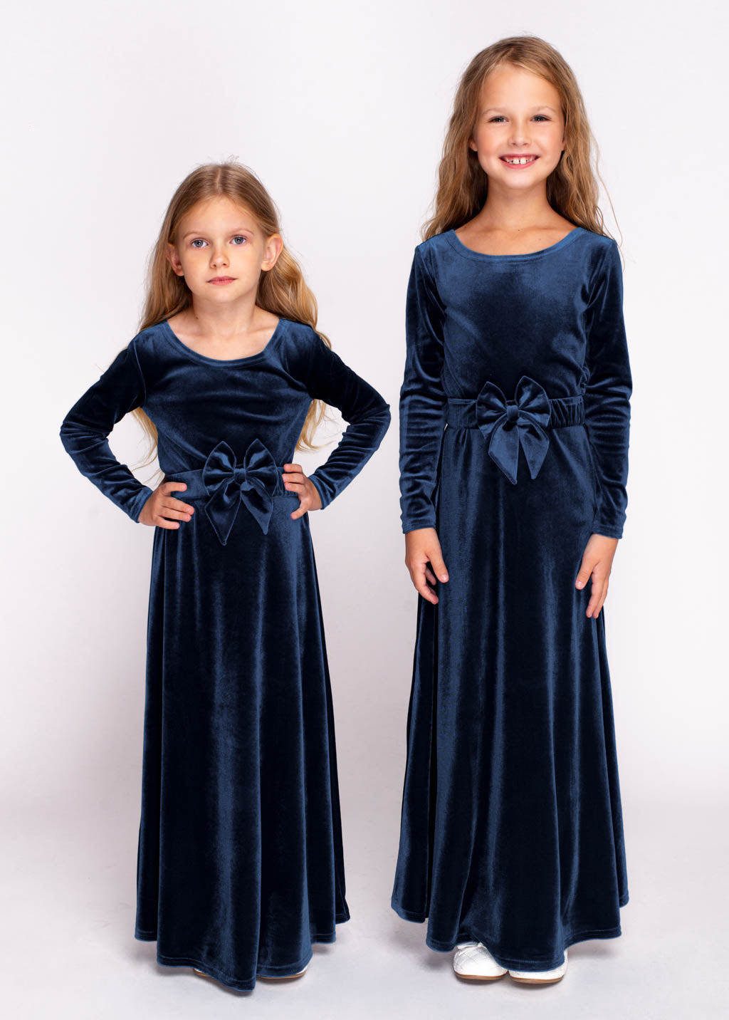 Navy blue velvet long girl dress