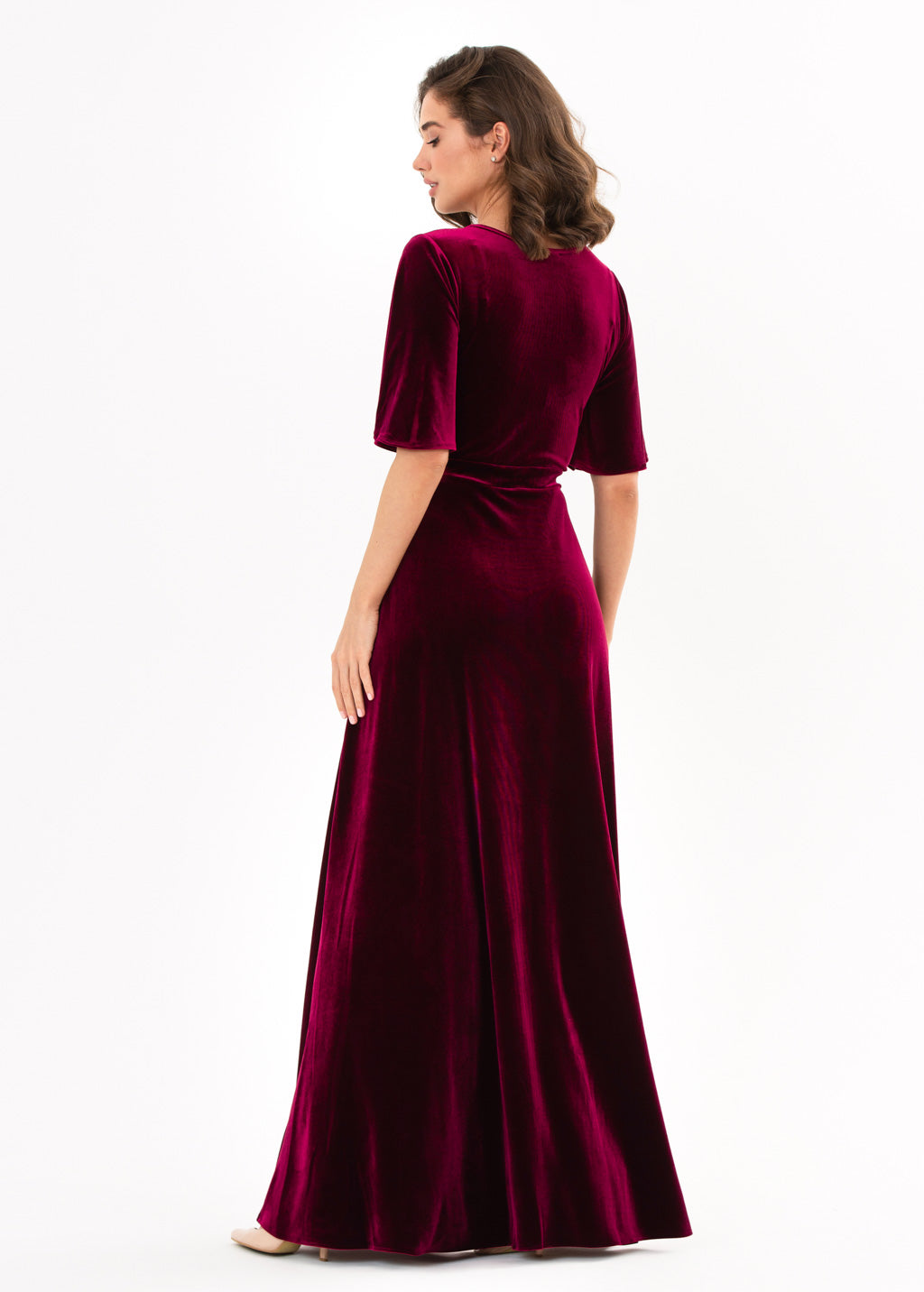 Plum burgundy velvet wrap slit dress
