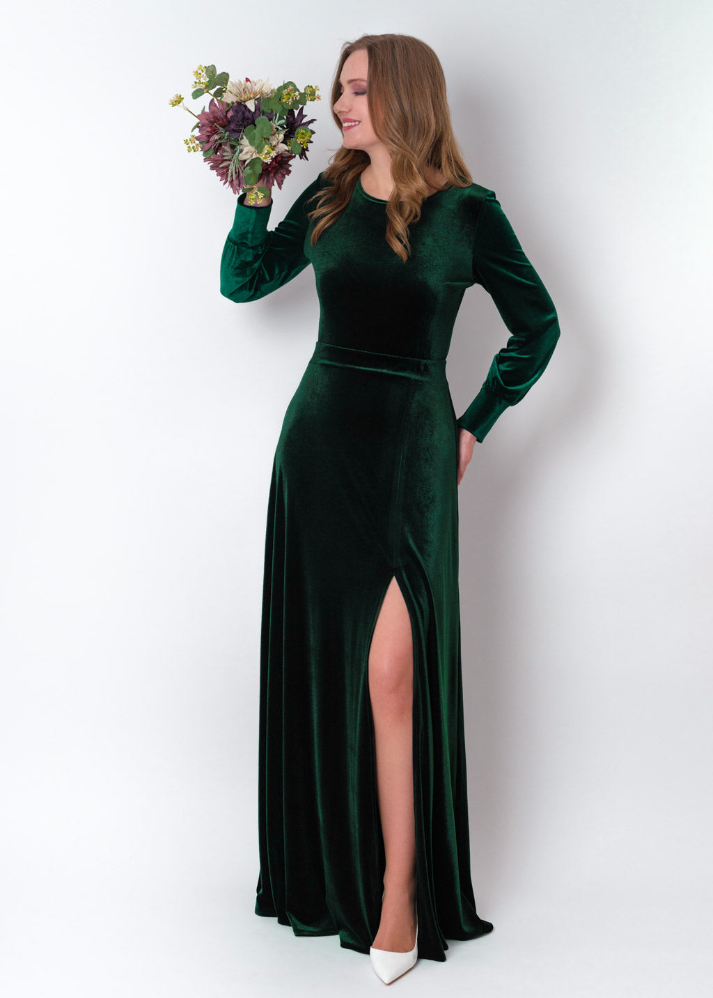 Emerald green velvet long slit dress